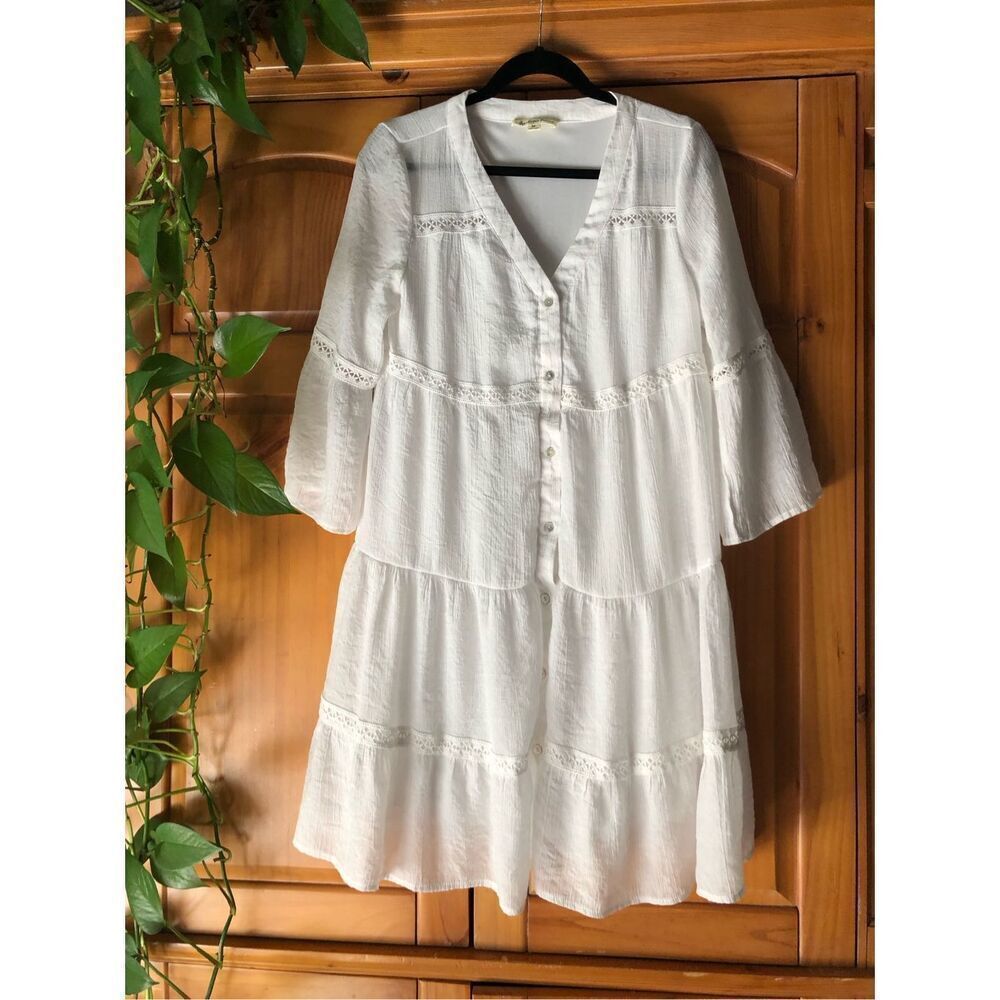indigo Rose White Boho Tiered Dress Lace Button Front Size M - Picture 5 of 13